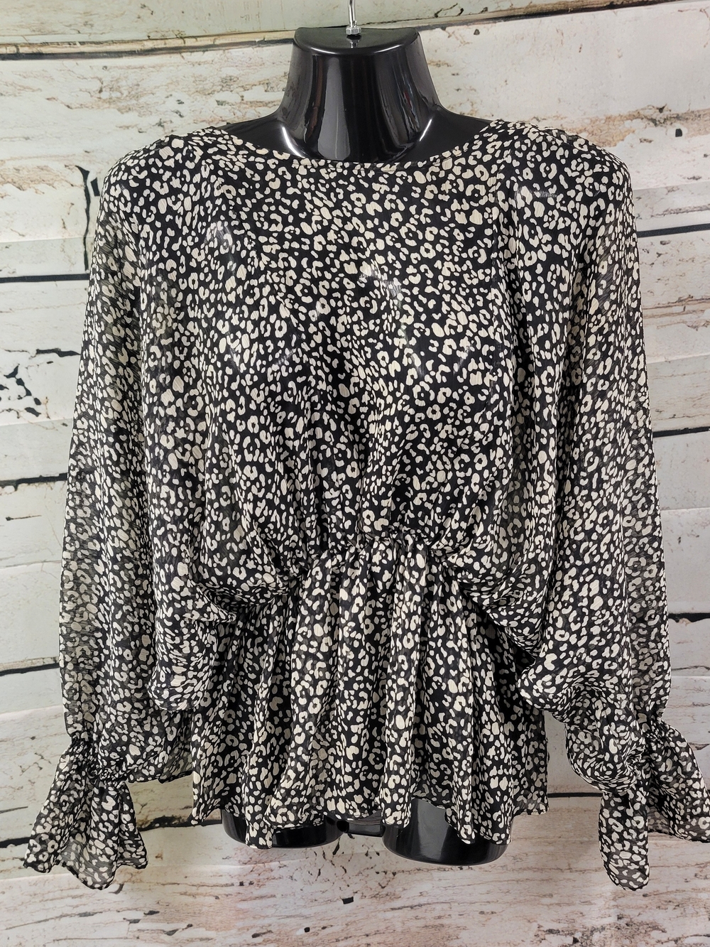 Grade & Gather Leopard Print Peplum Blouse S – Sheer Ruffle Sleeve Boho Chic